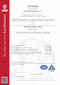 Certifikát ISO 45001 ROSTRA Stamping
